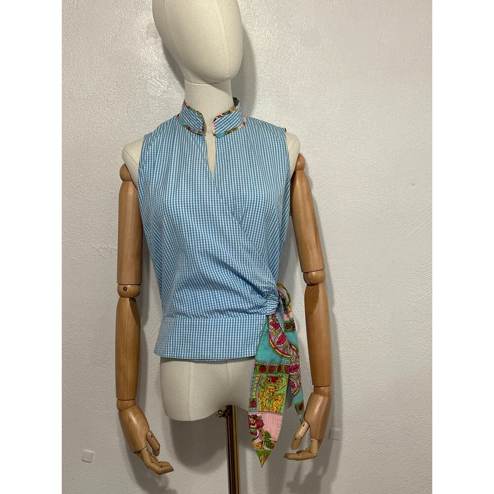 Andrea Becker Gingham Plaid Wrap Top M Classic Preppy Picnic Martha's Vineyard